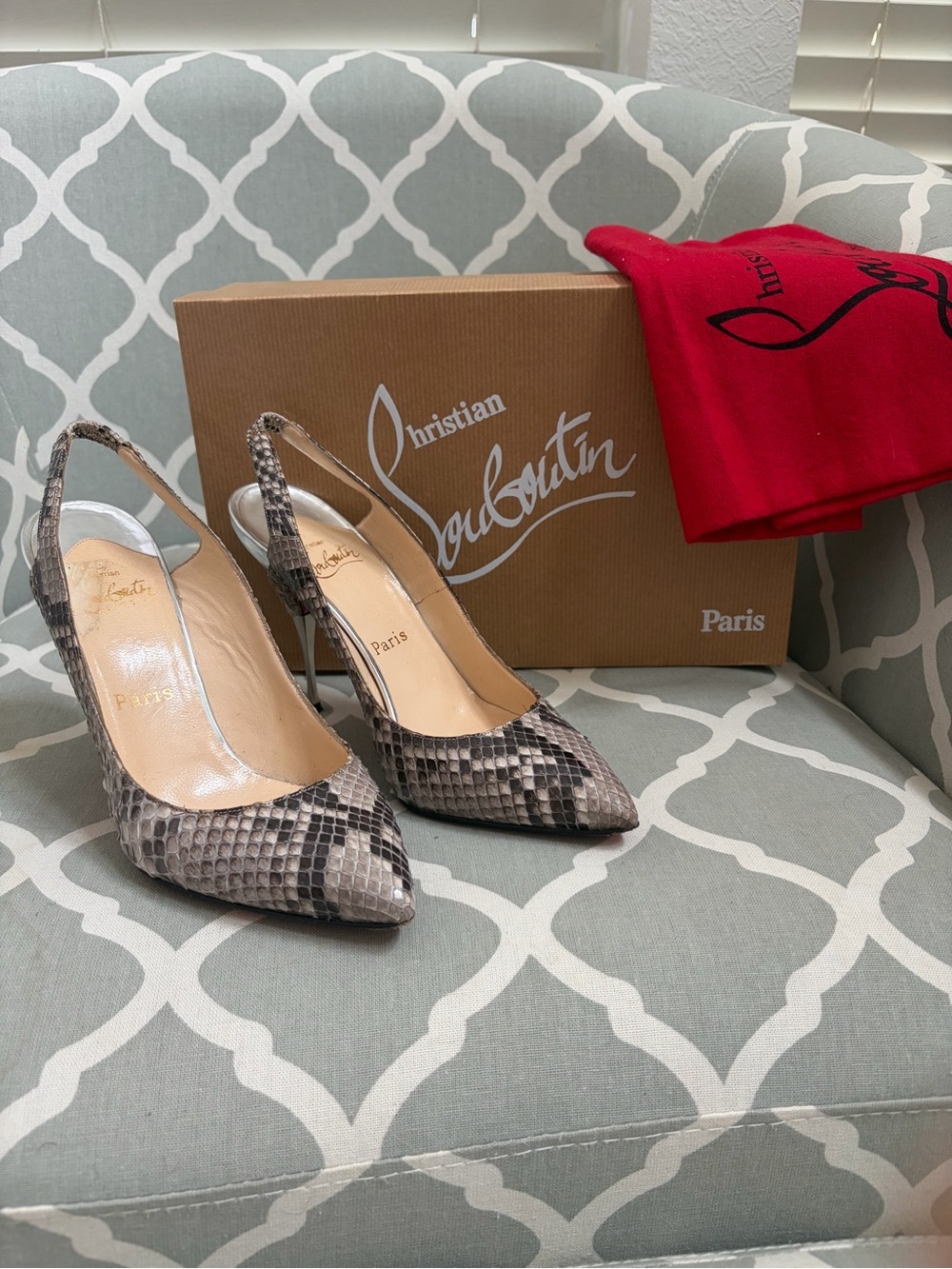 Christian Louboutin Snake-Print Slingback Pumps in Taupe and Black - Picture 1 of 5